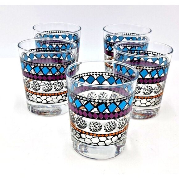 IKEA Murkla Cocktail Glasses Geometric Retro Look -Teal Purple Black -Lot of 5 - Picture 2 of 7